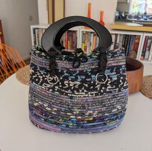 Unique Coiled Rag Basket Purple and Black Top Handle Purse Handbag Tote